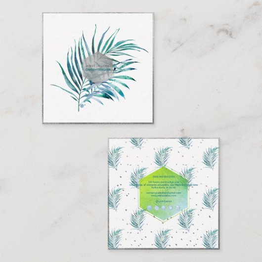 PixDezines PALM FRONDS, BLAUWGROEN BLAUW Vierkante Visitekaartje (Voorkant / Achterkant)