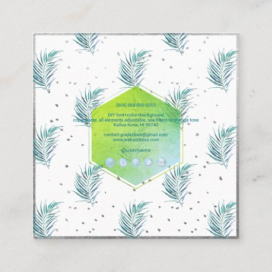PixDezines PALM FRONDS, BLAUWGROEN BLAUW Vierkante Visitekaartje (Achterkant)