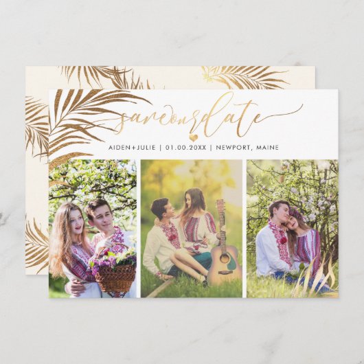PixDezines Palm Fronds Faux Gold Modern Script Save The Date (Voorkant / Achterkant)