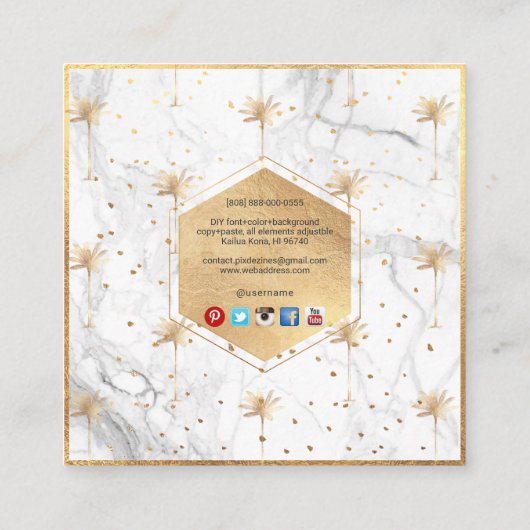 PixDezines PALM TREE, FAUX GOLD+MARBLE Vierkante Visitekaartje (Achterkant)