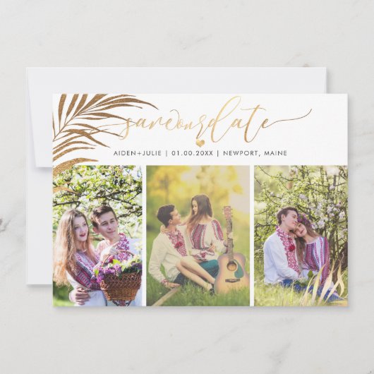PixDezines Palmbladeren Nepgoud Moderne Script Save The Date (Voorkant)