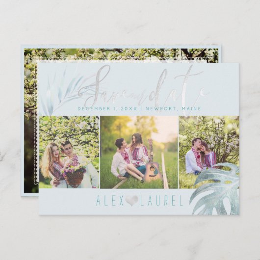 PixDezines Palmen Bewaar onze datum/Platinum+Aqua Aankondigingskaart (Voorkant / Achterkant)