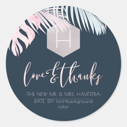 PixDezines Palms Monogram Blush Silver, Dank u Ronde Sticker (Voorkant)
