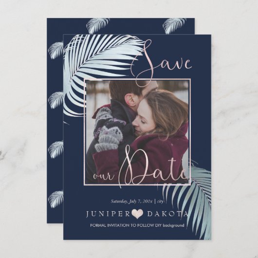 PixDezines PALMSCHIJFJES, ZILVEREN BLAUWE DIY ACHT Save The Date (Voorkant / Achterkant)