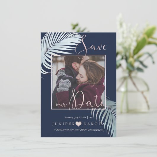 PixDezines PALMSCHIJFJES, ZILVEREN BLAUWE DIY ACHT Save The Date (Staand voorkant)