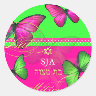 PixDezines Papillon, retro Bat Mitzvah Ronde Sticker
