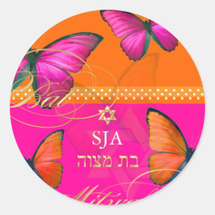 PixDezines Papillon, retro Bat Mitzvah Ronde Sticker