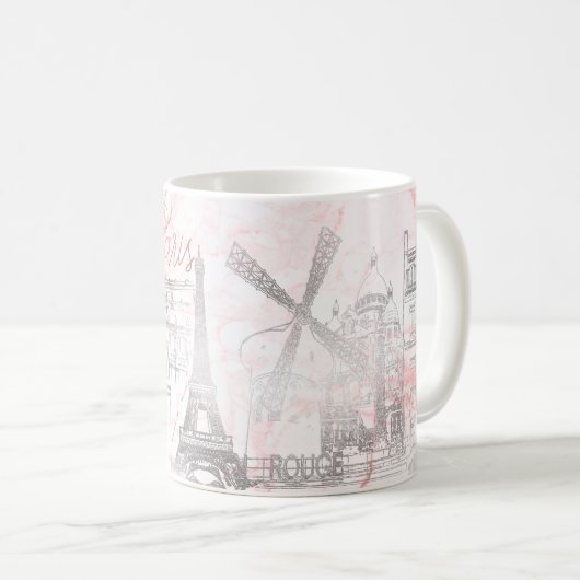 PixDezines PARIJS in FAUX ZILVER+ROZE MARMER Koffiemok (Voorkant rechts)