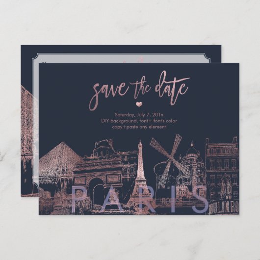 PixDezines/Paris Save the Date/Faux Roos Gold Aankondigingskaart (Voorkant / Achterkant)