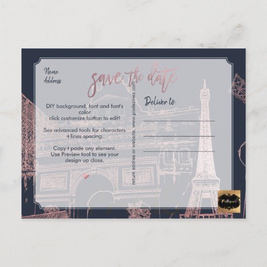 PixDezines/Paris Save the Date/Faux Roos Gold Aankondigingskaart (Achterkant)