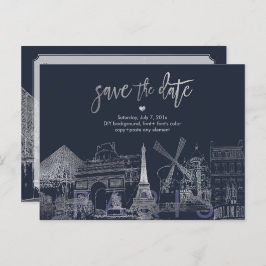 PixDezines/Paris Save the Date/Faux Silver Gold Aankondigingskaart (Voorkant / Achterkant)