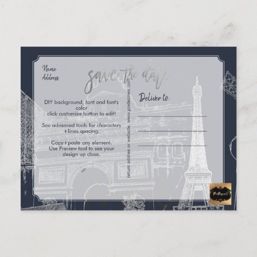 PixDezines/Paris Save the Date/Faux Silver Gold Aankondigingskaart (Achterkant)