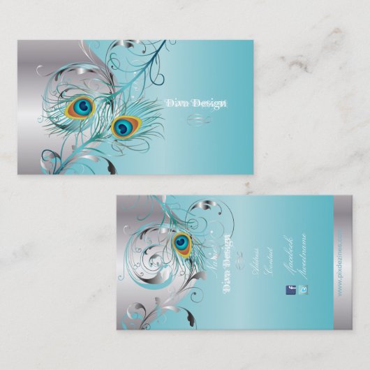 PixDezines pauock filigree+swirls/zilver+blauw ijs Visitekaartje (Voorkant / Achterkant)