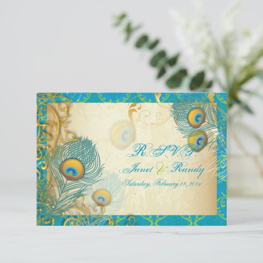 PixDezines pauock veren/aqua/turquoise RSVP Kaartje (Staand voorkant)