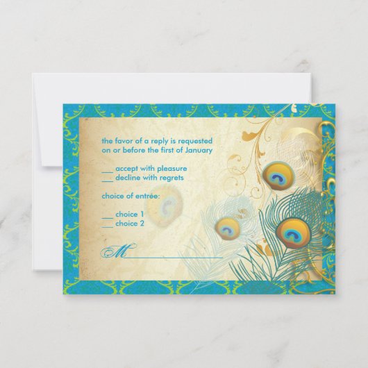 PixDezines pauock veren/aqua/turquoise RSVP Kaartje (Achterkant)