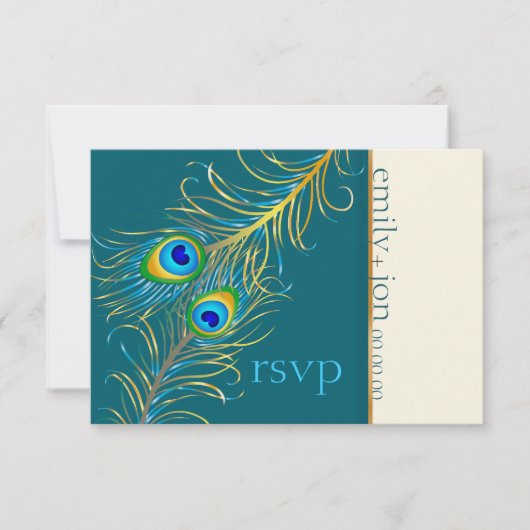 PixDezines pauw veren/blauwgroen RSVP Kaartje (Voorkant)