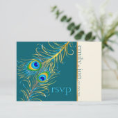 PixDezines pauw veren/blauwgroen RSVP Kaartje (Staand voorkant)