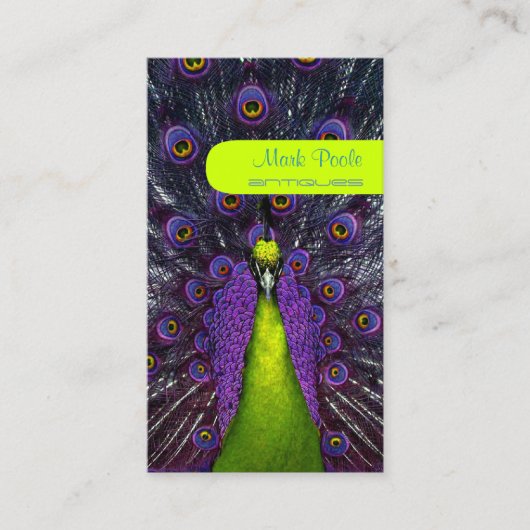 PixDezines pauwenveer/paarse+smaragd Visitekaartje (Voorkant)