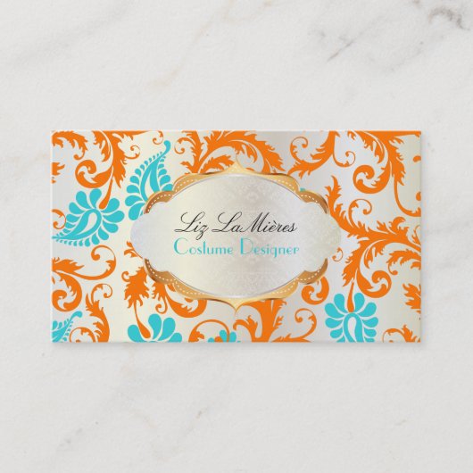 PixDezines pavo damask/coral+aqua Visitekaartje (Voorkant)