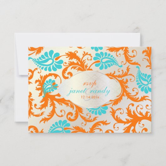 PixDezines pavo damask/koral+blue RSVP Kaartje (Voorkant)
