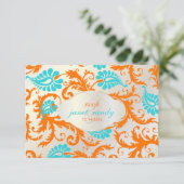 PixDezines pavo damask/koral+blue RSVP Kaartje (Staand voorkant)
