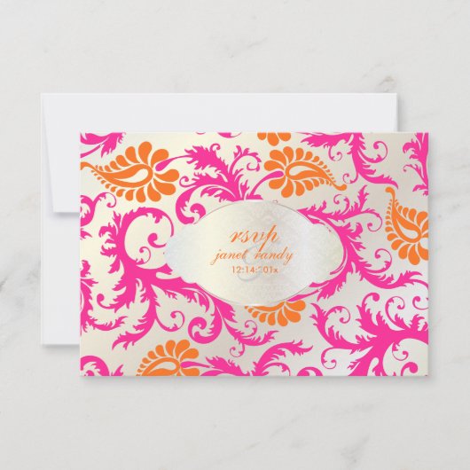 PixDezines pavo damask/tangerine+roze RSVP Kaartje (Voorkant)
