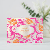PixDezines pavo damask/tangerine+roze RSVP Kaartje (Staand voorkant)