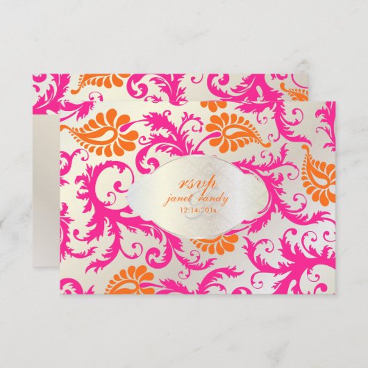 PixDezines pavo damask/tangerine+roze RSVP Kaartje (Voorkant / Achterkant)
