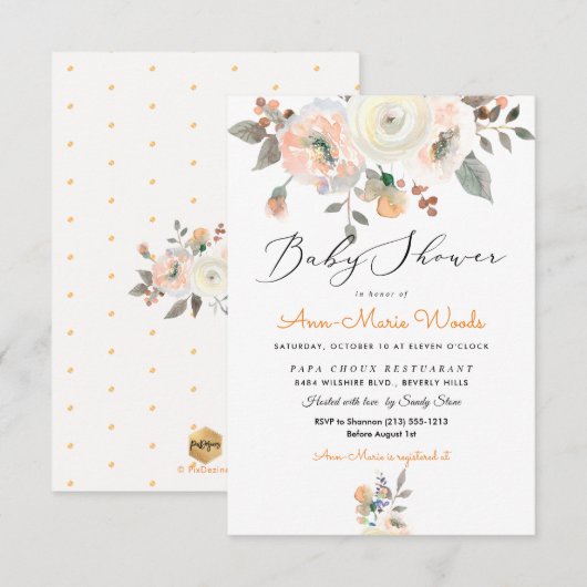 PixDezines Peaches+Cream Waterverf Baby shower Kaart (Voorkant / Achterkant)