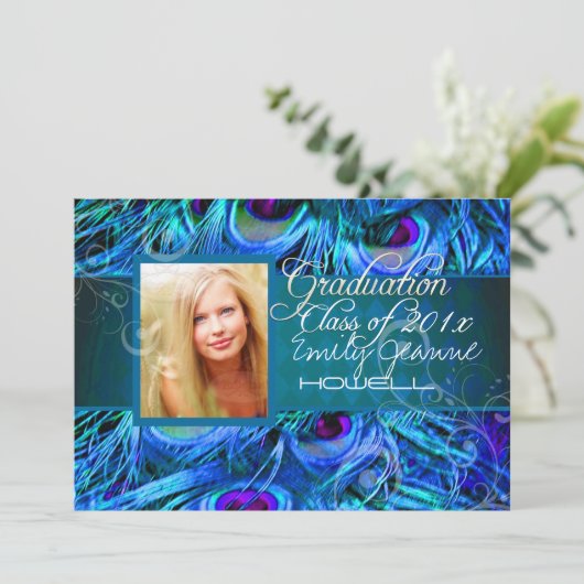 PixDezines Peacock Feather Afstuderen Kaart (Staand voorkant)