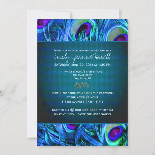 PixDezines Peacock Feather Afstuderen Kaart (Achterkant)