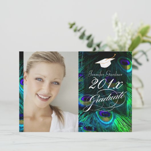 PixDezines Peacock Feather Afstuderen Kaart (Staand voorkant)