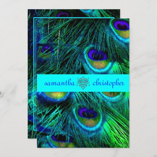 PixDezines PEACOCK FEATHER/AQUA/TURQUOISE INVITES Kaart (Voorkant / Achterkant)