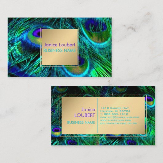 PixDezines Peacock Feather/Cobalt/Aqua Visitekaartje (Voorkant / Achterkant)