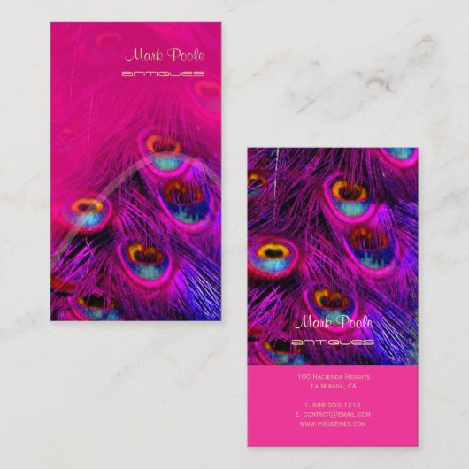 PIXDEZINES PEACOCK FEATHER/HOT PINK VISITEKAARTJE (Voorkant / Achterkant)