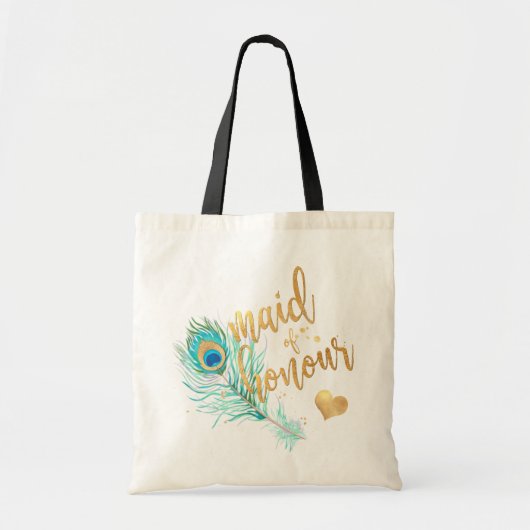 PixDezines Peacock Maid of Honor/Faux Gold Script Tote Bag (Voorkant)