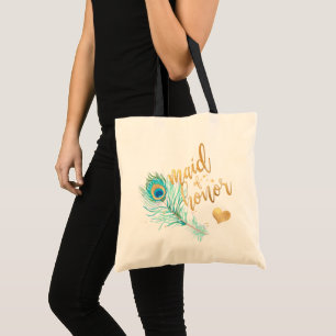 PixDezines Peacock Maid of Honor/Faux Gold Script Tote Bag