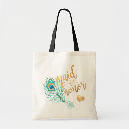 PixDezines Peacock Maid of Honor/Faux Gold Script Tote Bag (Voorkant)