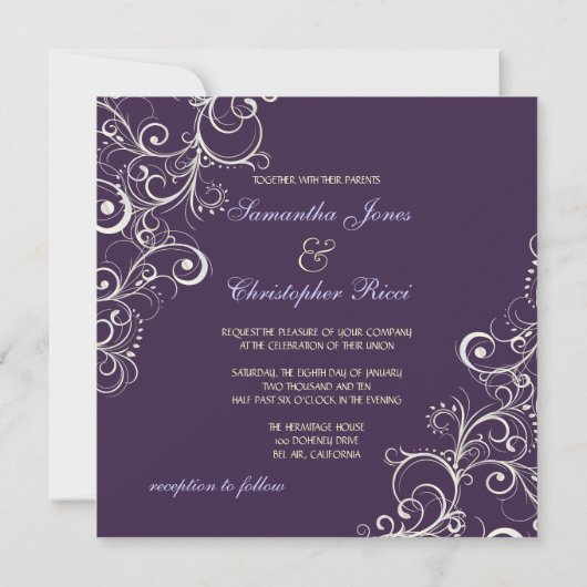 PixDezines Pearly swirls+Plum Wedding Invitting Kaart (Achterkant)
