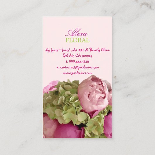 PixDezines peonies bouquet, bloemisten/dij kleuren Visitekaartje (Achterkant)