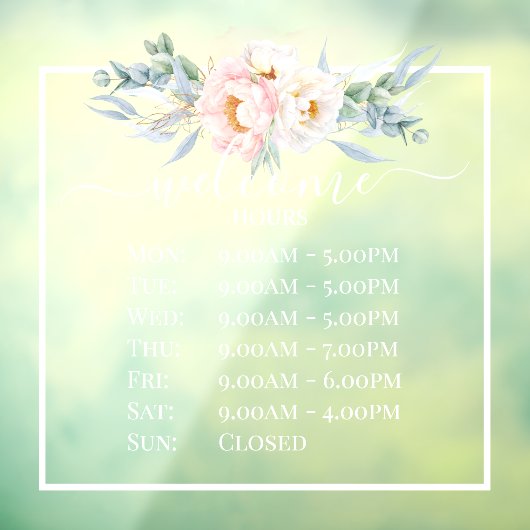 PixDezines Peonies Welkome kantooruren Raamsticker (Vel 3)