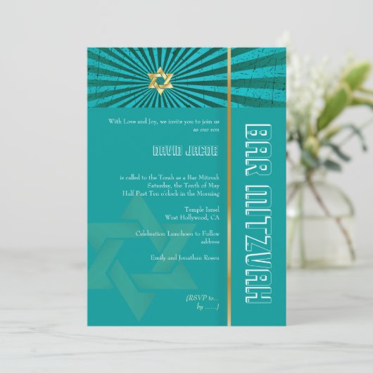 PixDezines Photo Bar Mitzvah/blauwgroen/faux goud Kaart (Staand voorkant)