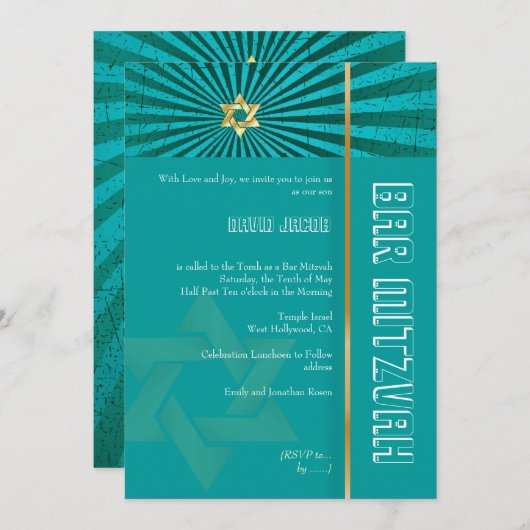 PixDezines Photo Bar Mitzvah/blauwgroen/faux goud Kaart (Voorkant / Achterkant)
