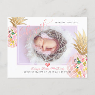 PixDezines Pineapple+Baby Girl, Faux Foil Script Aankondigingskaart