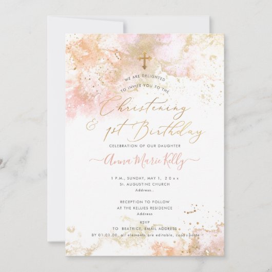 PixDezines Pink H2 doop+1e verjaardag uitnodiging (Voorkant)