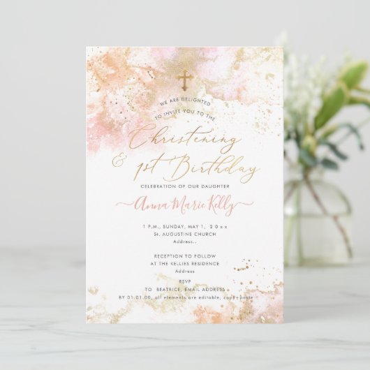 PixDezines Pink H2 doop+1e verjaardag uitnodiging (Staand voorkant)