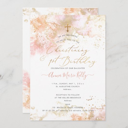 PixDezines Pink H2 doop+1e verjaardag uitnodiging (Voorkant / Achterkant)