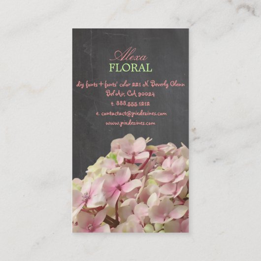 PixDezines pink hydrangeas, bloemisten/krijt Visitekaartje (Achterkant)