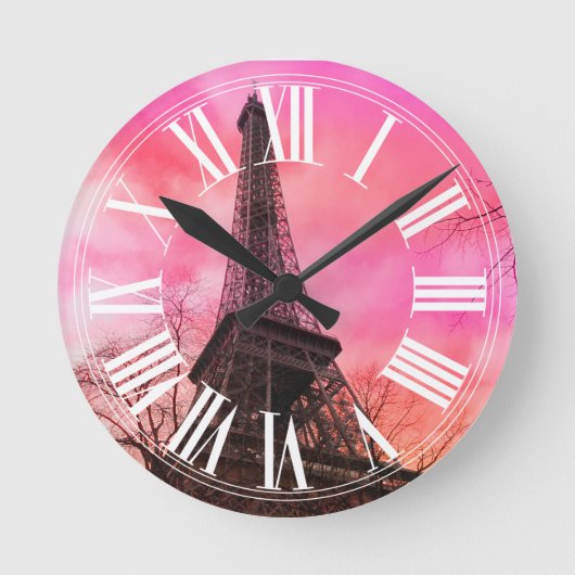PixDezines pink paris/eiffel tower Ronde Klok (Voorkant)