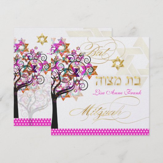 PixDezines PINK TREE OF LIFE BAT MITZVAH INVITES Kaart (Voorkant / Achterkant)